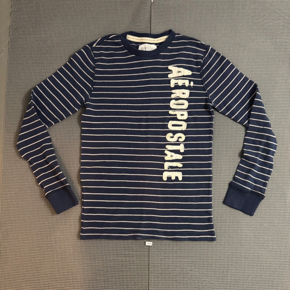 Aeropostale Mens Navy Blue Striped Waffle Knit Thermal Long Sleeve Shirt M